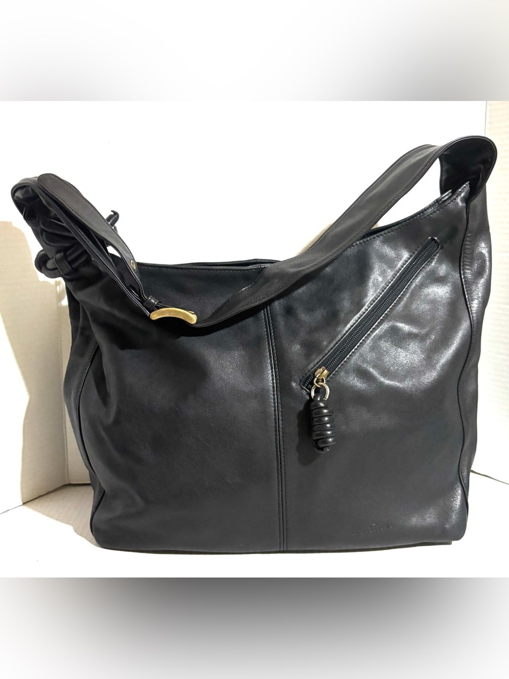 Black Leather Shoulder Hobo Bag with Zip Accent